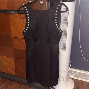 Black Sleeveless Pearl-Trim Sheath Dress